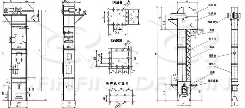 TD/D型斗式提升機基本結(jié)構(gòu):機頭蓋，機頭座，減速電機，直管，底座，緊張裝置等。