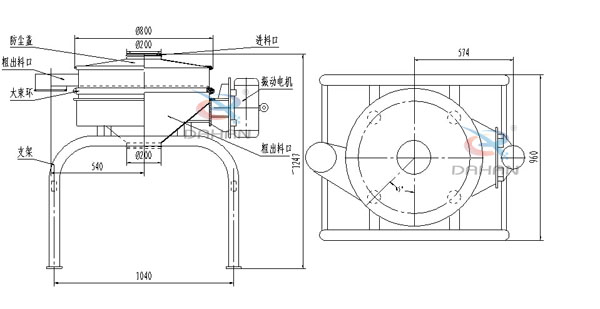 單振源直排篩機構和持續：防塵蓋（mm）：800進料口（mm）：200結構;防塵蓋，大束環，支架，振動電機，進料口等。