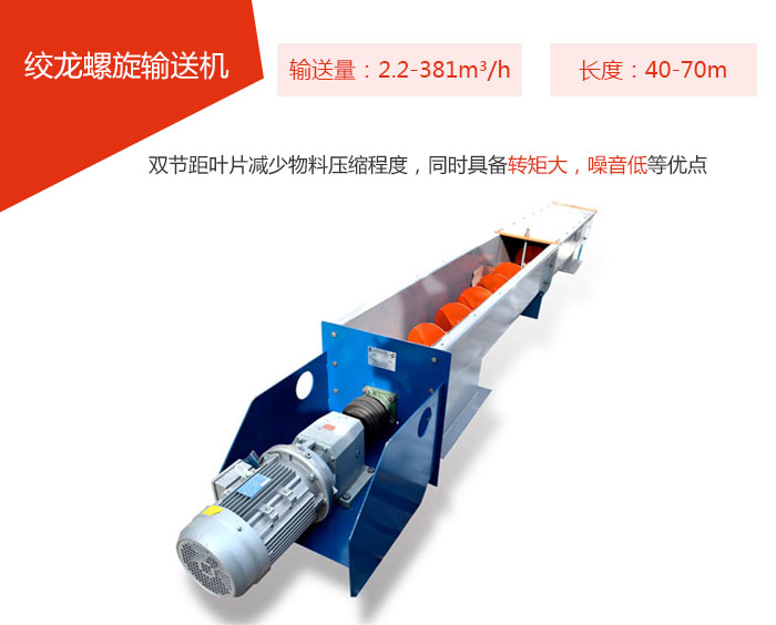 絞龍螺旋輸送機輸送量：2.2-381m3/h 長度：40-70m 雙節(jié)距葉片減少物料壓縮程度，同時具備轉(zhuǎn)矩大，噪音低等優(yōu)點。