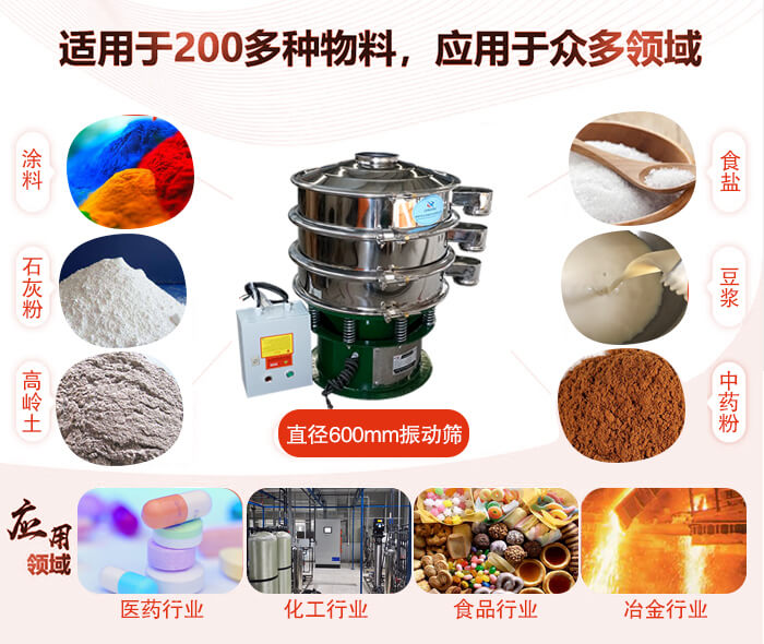 直徑600mm振動篩使用的行業:醫藥行業，公害處理，食品行業，化工行業。